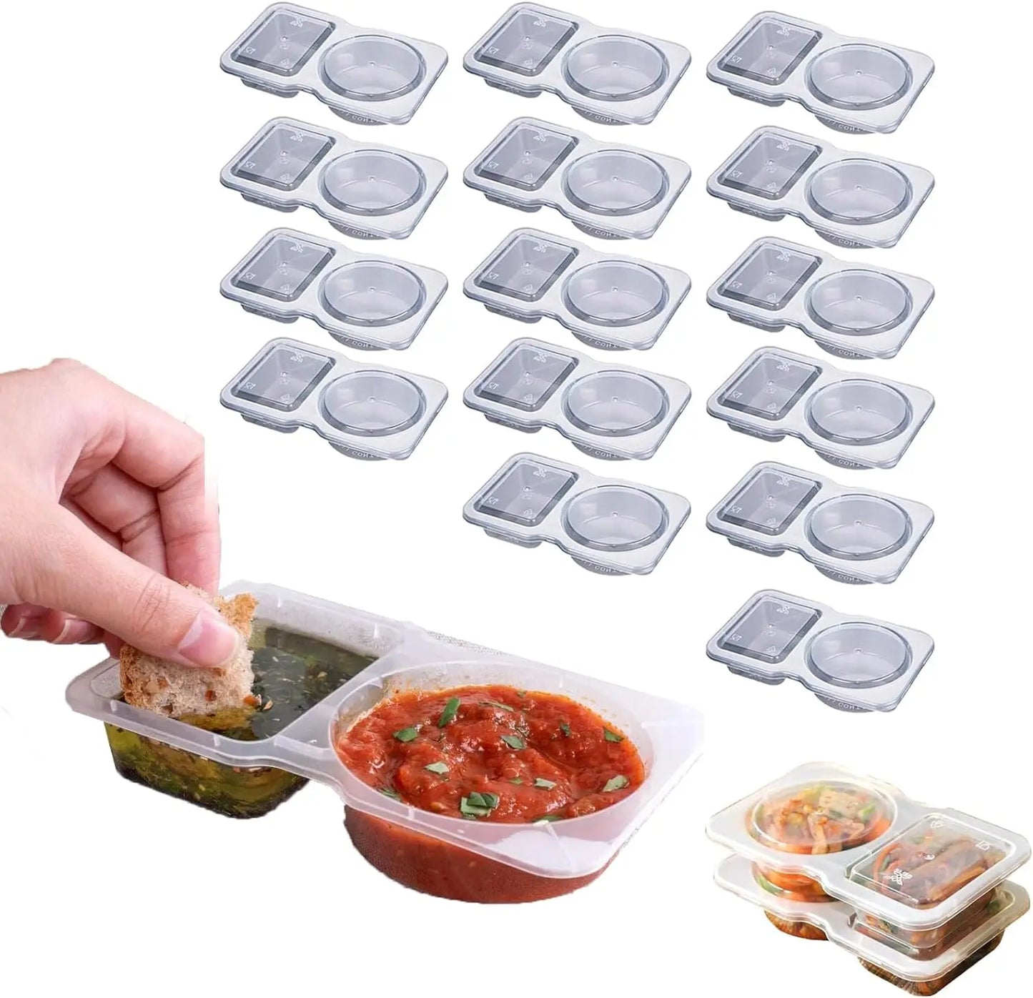 15-Piece Double Compartment Condiment and Snack Containers with Lids, Disposable and Reusable Options